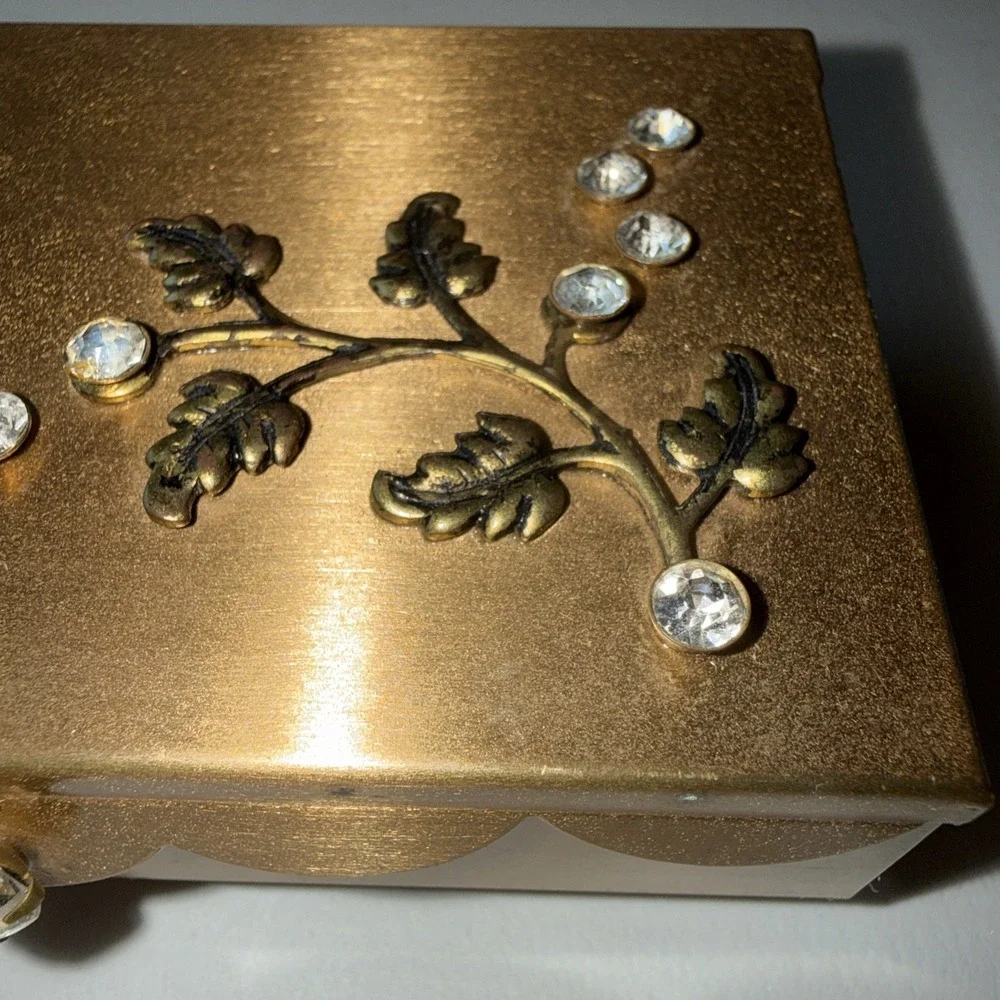 Vintage Mini Brass Jewelry Box with Rhinestones And Mirror 4.0 X‎ 2.5 X 1.25
